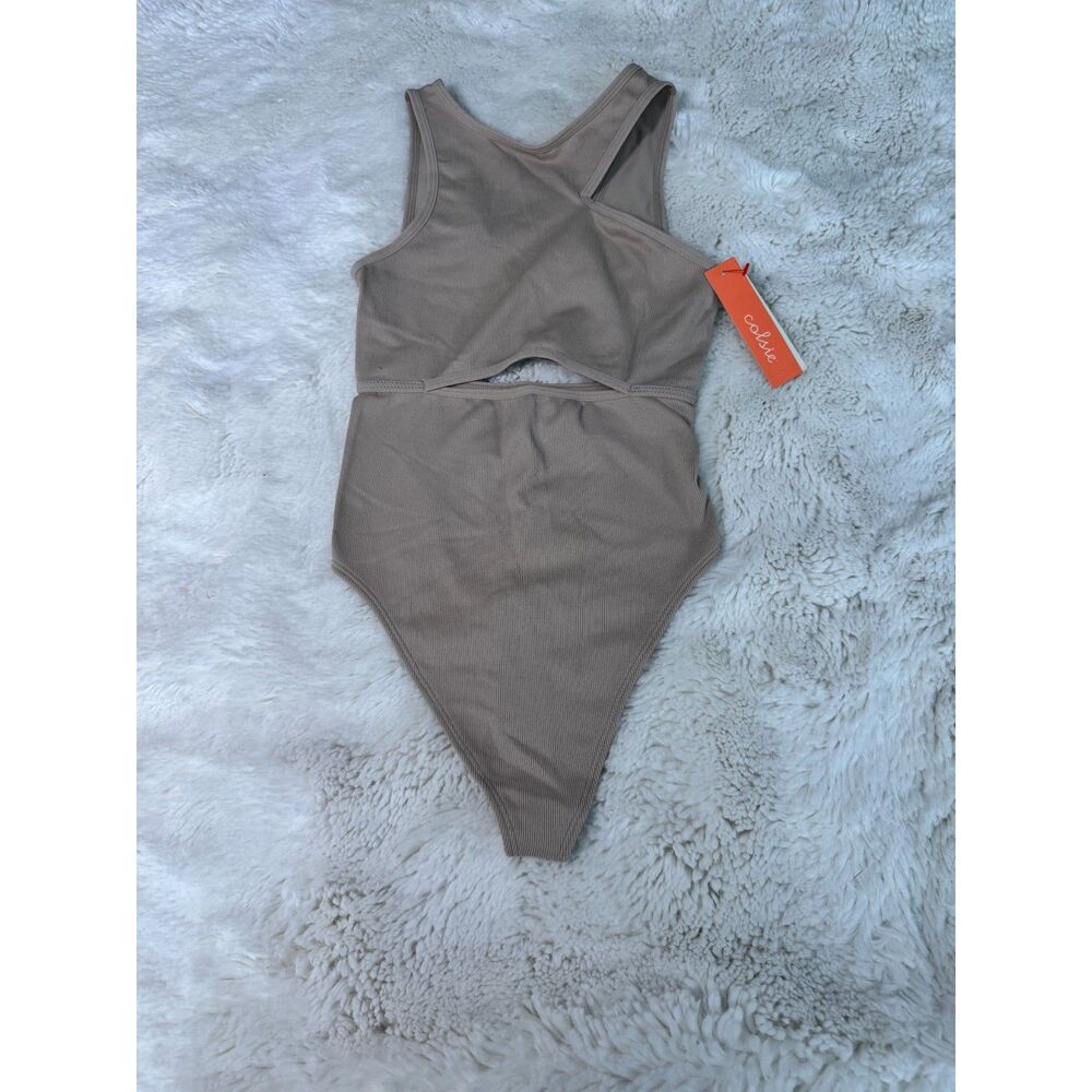 Colsie Ribbed Bodysuit XS NWT Taupe Gray Sleeveless Cutout One Piece